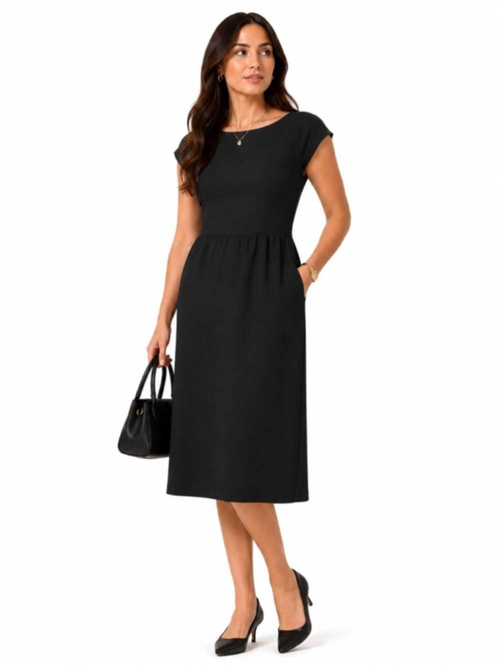 J. CREW Black Jersey Knit Capped Short Sleeve Midi Dress, Midweight, 6